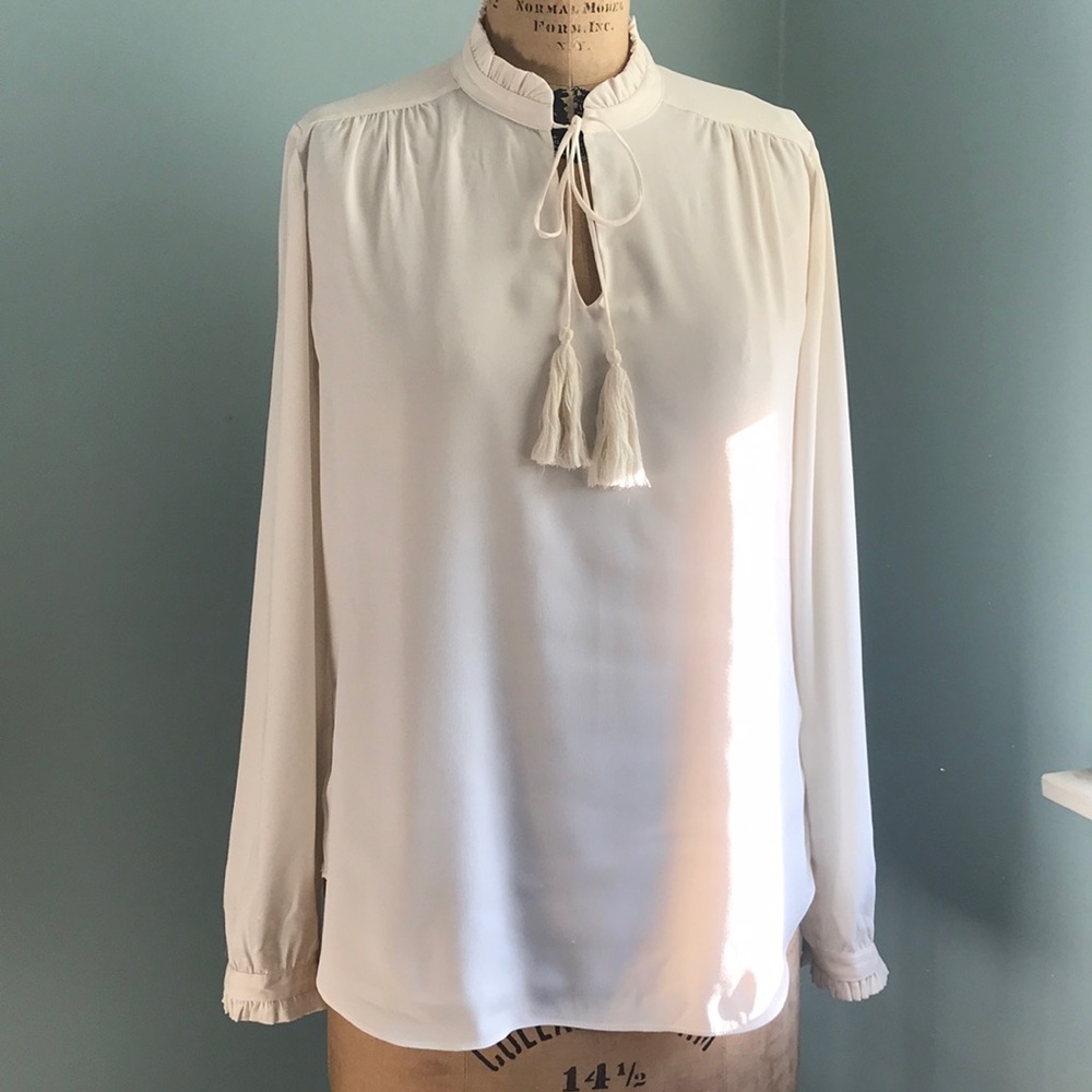 Lands End Cream Blouse with Tassel Tie Sz 10